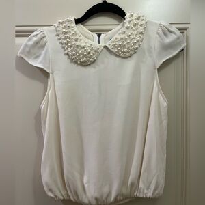 Alice + Olivia Bali Top With Pearl Bead Embellished Peter Pan Collar Cream